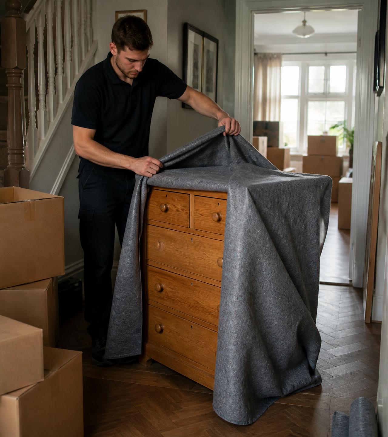 A mover wrapping a wooden chest of drawers in a protective blanket during a house move
