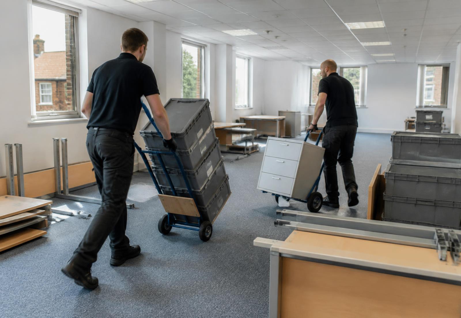 Movers wheeling crates and office furniture during an office relocation