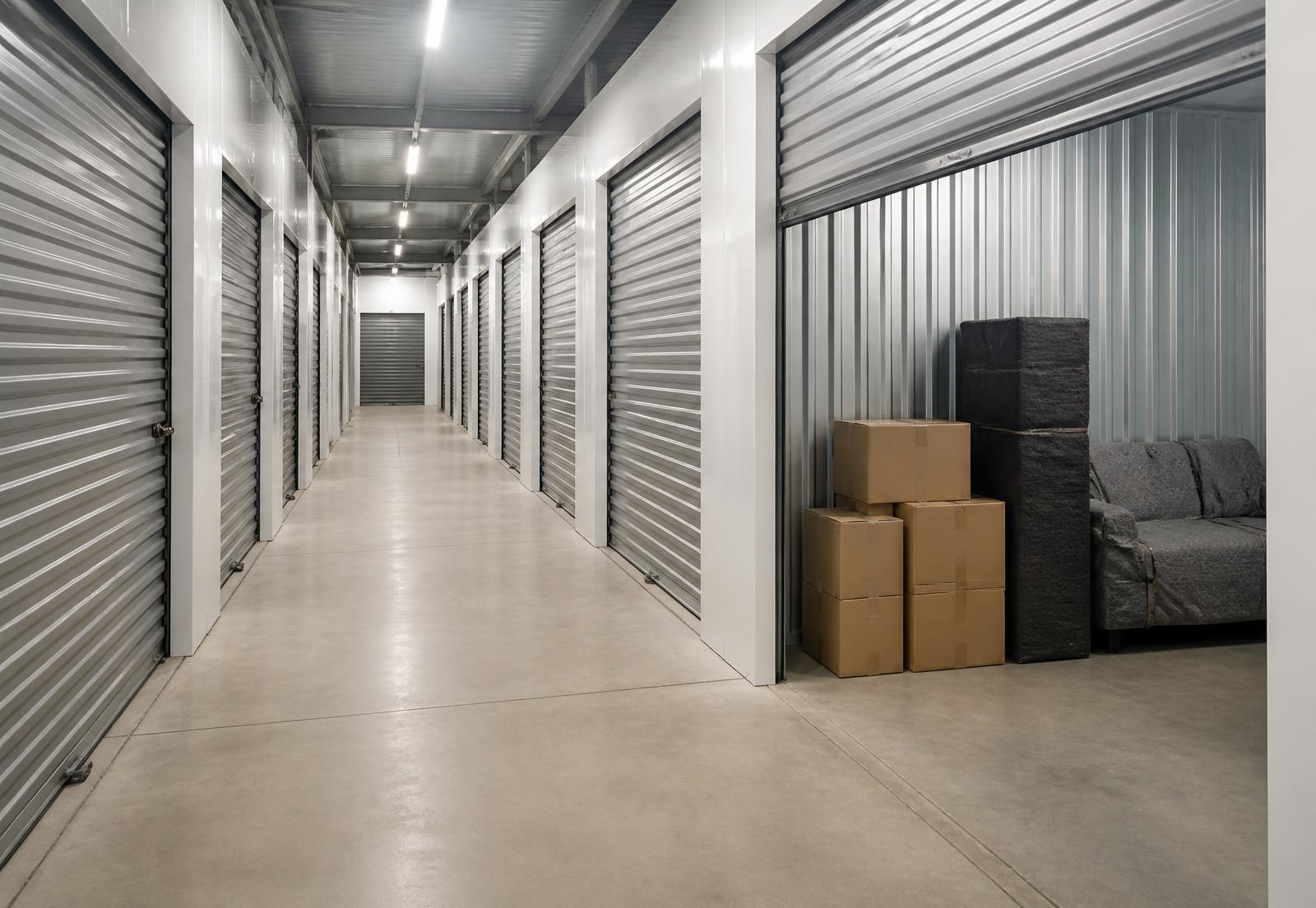 Clean indoor storage units with boxes and blanket-wrapped furniture